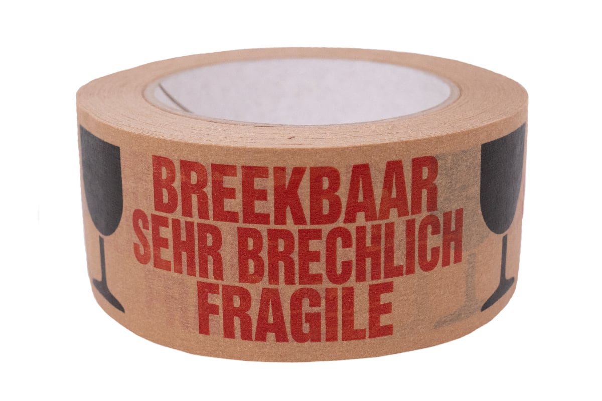 Papierklebeband 50 mm x 50 m "sehr brechlich" schwarz/rot - 3 Sprachen