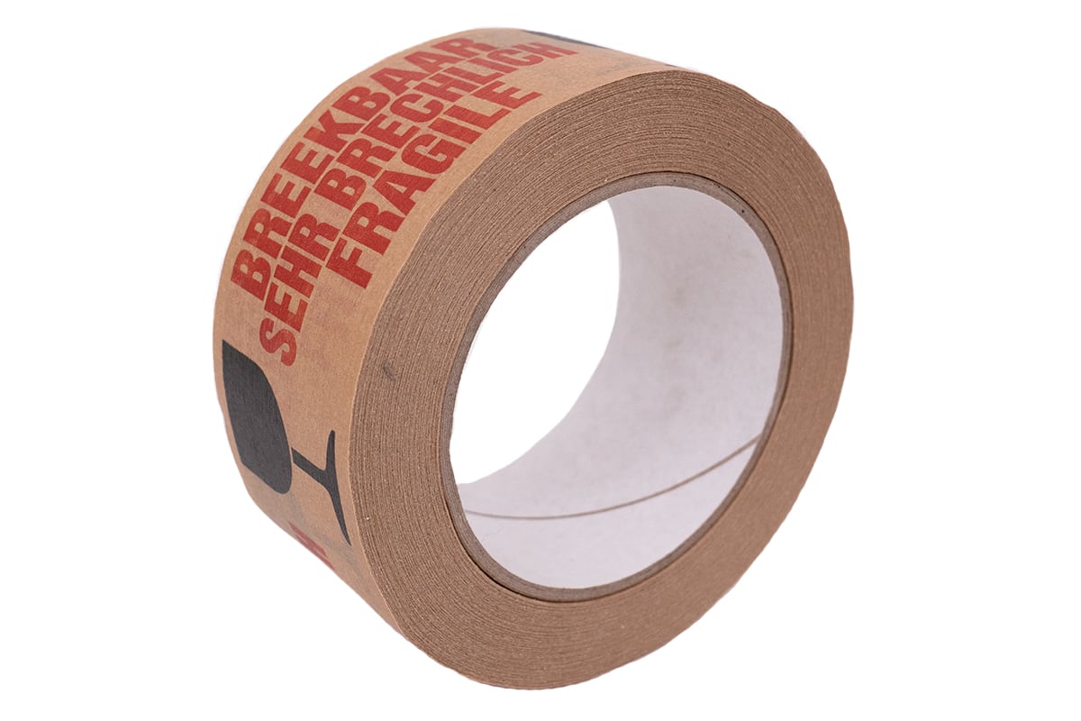 Papierklebeband 50 mm x 50 m "sehr brechlich" schwarz/rot - 3 Sprachen